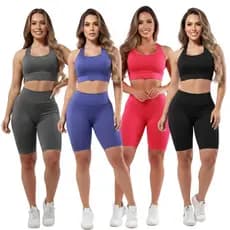 Kit 4 Conjuntos Fitness Feminino Top Bermuda Ciclista Roupa De Academia Ginástica Suplex Liso A09