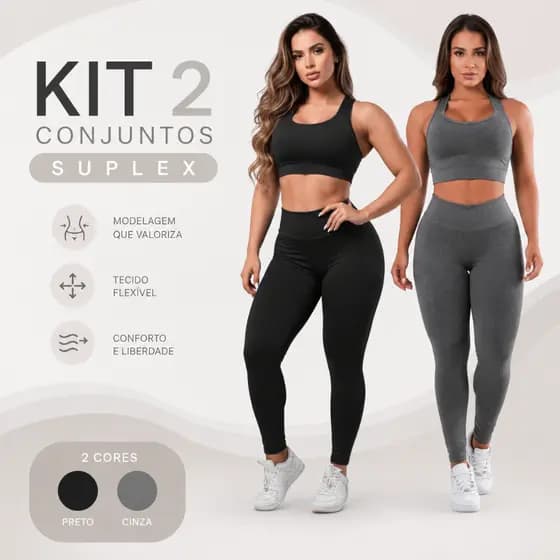 Kit 2 Conjuntos Calça Legging E Top Fitness Roupas Femininas Para Academia Suplex A01