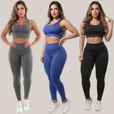 Kit 3 Conjuntos Calça Legging E Top Fitness Roupas Femininas Para Academia Suplex A01