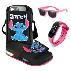 Kit Stitch Infantil LED: Chinelo Slide Luzinha, Óculos, Bolsa e Relógio – Brilho + Diversão Das Crianças