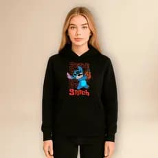 Moletom Feminino Stitch Ukulele Com Capuz Bolso Flanelado Blusa De Frio Estampado Canguru