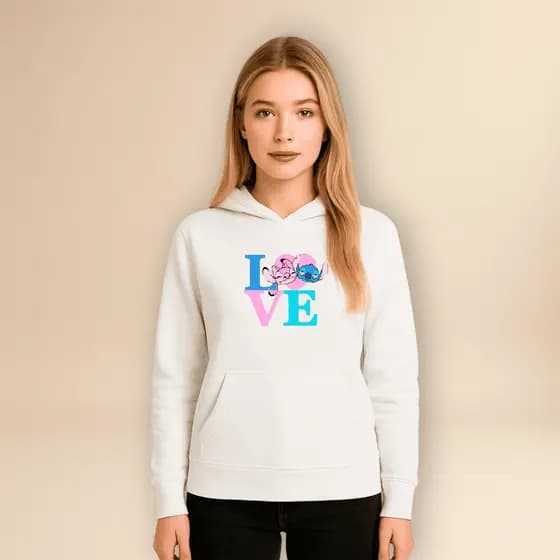 Moletom Feminino Stitch Love Angel Com Capuz Bolso Flanelado Blusa De Frio Estampado Canguru