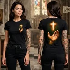 Camiseta Cruz Iluminada Mão Sagrada Feminina Camisa Baby Look Blusa Em Algodão
