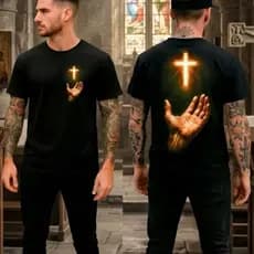 Camiseta Cruz Iluminada com Mão Estampa Religiosa Camisa Premium Masculina Feminina Cristã Fé