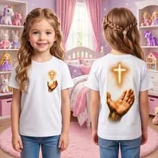 Camiseta Mão Sagrada Cruz Iluminada Infantil Juvenil Unissex Religiosa Cristã Tamanho do 2 ao 16
