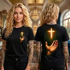 Camiseta Cruz Iluminada Mão Sagrada Camisa Infantil Juvenil Adulto Unissex Blusa Religiosa Cristã