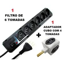 Régua Filtro de linha C/ Fúsivel 3/6 entradas + 1 adaptador de Cubo (cor vai aleatoria) anticurto