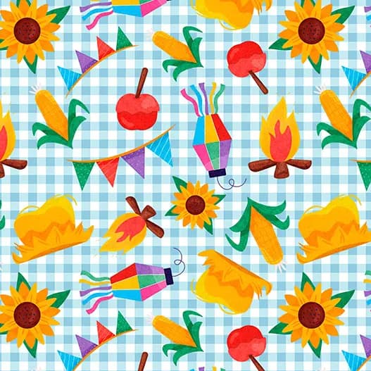 Tecido Tricoline Junino Baderinhas Fogueira Xadrez Azul  - 50 cm x 1,50 m - PARA TOALHA E VESTIDO JUNINOS 100% algodão