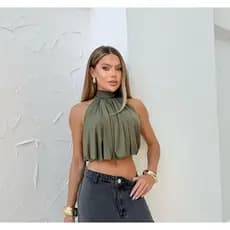 cropped top gola alta soltinho com decote regata moda primavera verão plissado feminino blogueira blusinha sem bojo