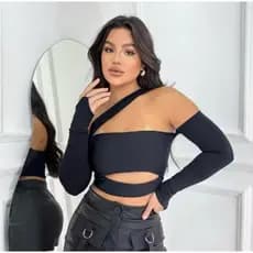cropped manga longa moda gringa outono inverno blogueira suplex duplo com dedeira decotado assimétrico com recortes liso
