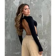 body Costa nua com dedeira manga longa justo no corpo moda blogueira outono inverno bory decote diferente aberto costas