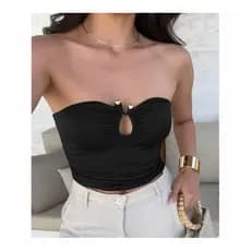 Cropped top faixa feminino tomara que caia duplo com detalhe de aro dourado decotado caimento slim