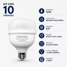 KIT 10 LAMPADA LED BULBO 50W BRANCO FRIO 6500K  E27 BIVOLT EMPALUX