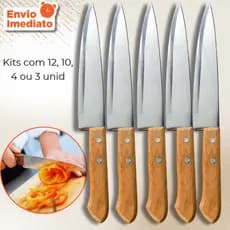 Faca de Cozinha Aço Inox 6" Cabo de Madeira Kit 12, 10, 4 ou 3 peças Corte Preciso Churrasco Uso Diário