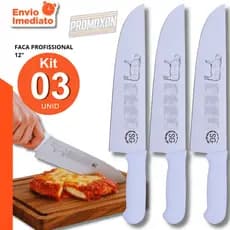 Kit Profissional 12" Cozinha Açougue Chef Inox com Cabo Branco Lâmina de Aço Inox Churrascaria Casa