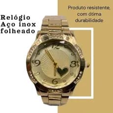 relógio Feminino aço inox folheado com detalhes de coração e strass