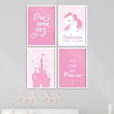 Kit 4 Quadros princesa, castelo, unicornio rosa 20x28 MDF