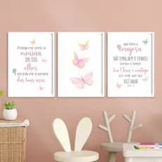 Kit 3 Quadros borboleta bebe menina, seja forte e corjosa 20x28 MDF