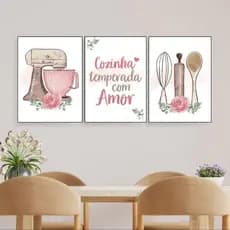 "Quadros Cozinha temperada com Amor com 3 pçs  Inspiração para sua Cozinha