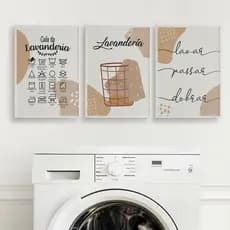 Kit 3 Quadros Lavanderia Bege, Decoração de  casa  minimalista  20x28 MDF