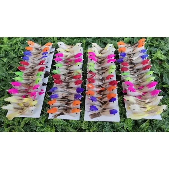 96 Passarinhos 7,5cm Artificiais Pena Natural Coloridos Jardim Festas Decoração