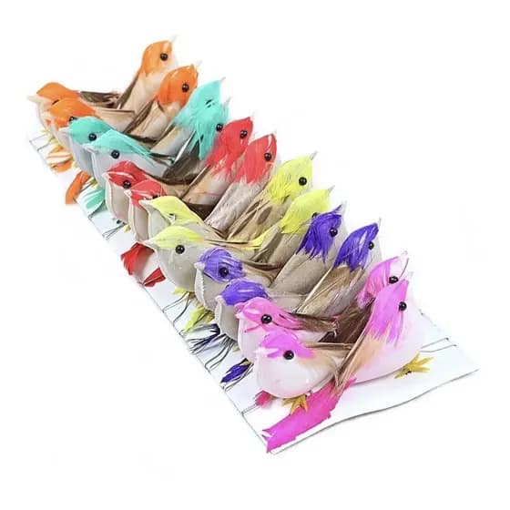 24 Passarinhos 7,5cm Artificiais Pena Natural Coloridos Jardim Festas Decoração