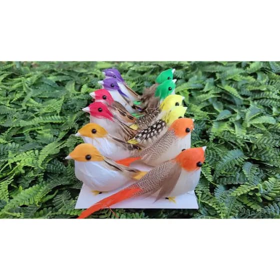 12 Passarinhos 10,5cm Artificiais Pena Natural Coloridos Jardim Festas Decoração