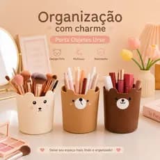 Kit Organizador Porta Objetos Redondo Ursinho Mesa Canetas Maquiagem Decoração Fofo 11,5cm