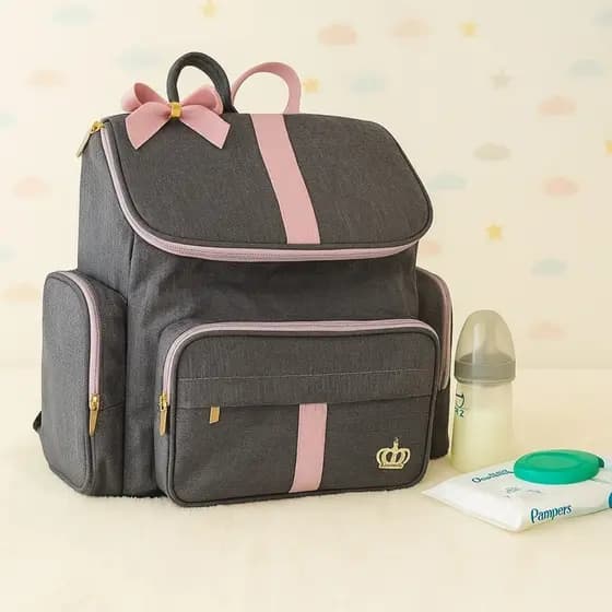 Mochila Bebe Maternidade G Rosê Laço Linho Luxo