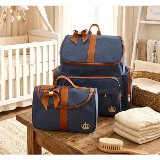 Mochila Maternidade Bebe + Bolsa Lateral M Azul/Marron Linho Laço