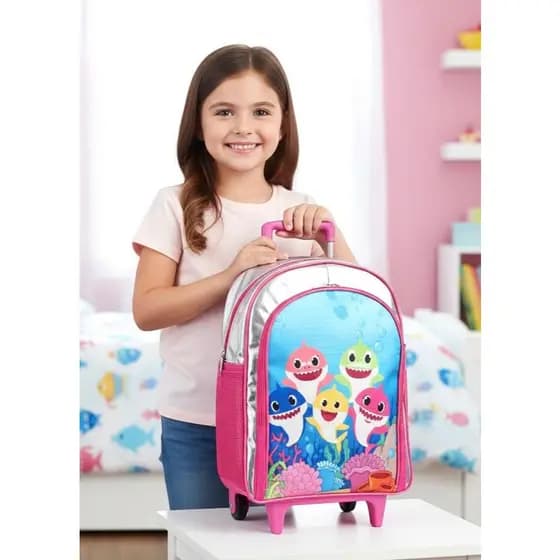 Mochila Rodinha Baby Shark Rosa Menina Duas Reparticoes