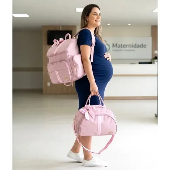 Mochila Bebê + Bolsa Tiracolo G Rosa/Rosa Luxo Maternidade