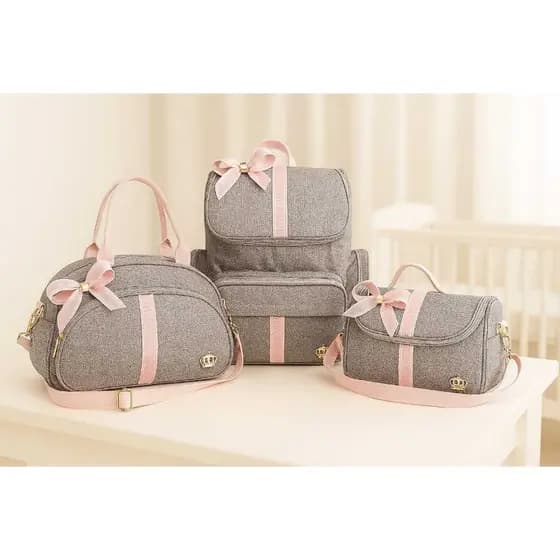 Kit Bolsa Bebe Maternidade Mochila Luxo Rosa 3 bolsas Laço