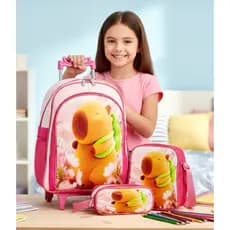 Mochila Rodinhas Capivara Capibara Fofa Kit Lancheira E Estojo