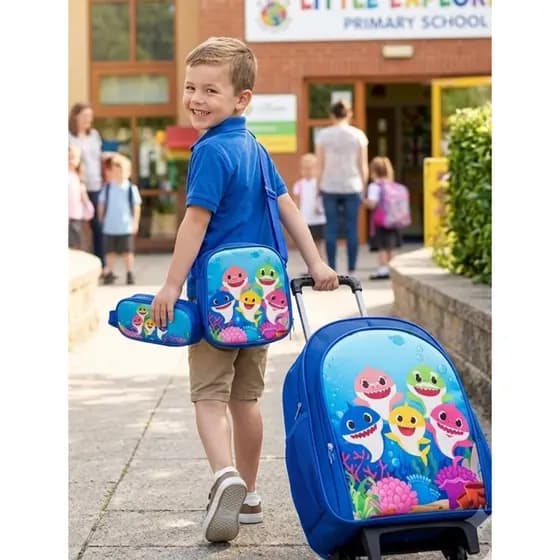 Mochila Baby Shark Azul Rodinhas Lancheira Estojo