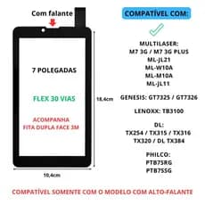 Touch Tela Toque Vidro Dl Tx254 Tx315 Tx316 Tx320 Tx384 M7 3g Plus Ml-Jl11 Gen Gt7325 Gt7326 Len Tb3100 Qbex Tx300 Preto