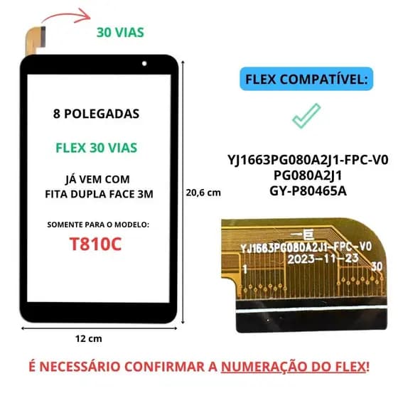 Touch Tela de Toque Vidro Positivo Governo T810c Preto Flex 30 Vias Yj1663pg080a2j1-Fpc-V0 GY-P80465A