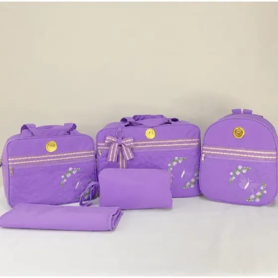 Kit Bolsa Mala Maternidade 5 Peças Bebê Menina na cor Lilás com Borboletas