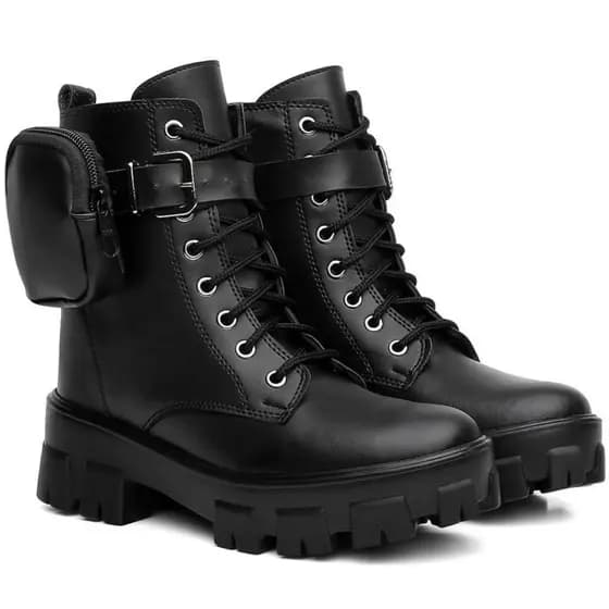 Bota Coturno Feminina Sola Tratorada Militar Casual Blogueira Plataforma Bolsinha Removível