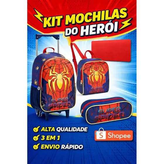 Kit Mochila Escolar De Rodinha Aranha Estojo Lancheira Cor Azul-escuro Homem Aranha