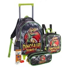 kIT Mochila C/ Rodinha Estojo Lancheira Térmica 3pç Infantil Dinossauro