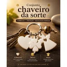 Conjunto Chaveiro da Sorte 3 em 1 | Coração, Trevo de 4 Folhas e Anjo | Presente Criativo e Proteção