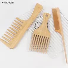 Com 1Pcs Pente De Bambu Natural Anti-Estático Garfo Afro Para Mulheres Madeira De Dente Largo Redondo WI