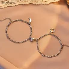 dfd 2 Pçs De Aço Inoxidável Não-Desbotamento Hip-hop Mão Corrente Amor Ímã Sol Lua Pulseira Para Casal Namorada Simples