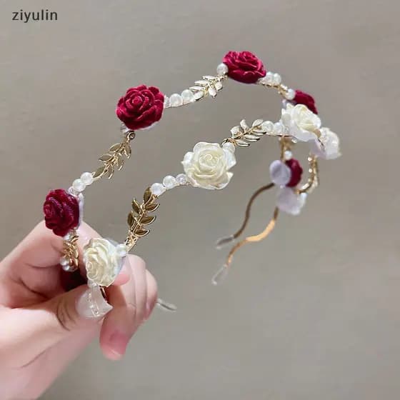 CVC Ladies Elegant Rose Hair Accessories Headdress Girls Vintage Metal Flower Pearl Vermelho Rosa Branca Tiara Hairbands CV