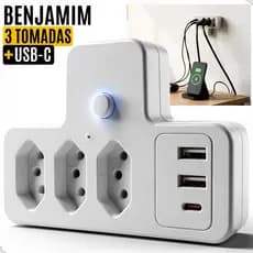 Adaptador Tomada Benjamim 3 Tomadas + Usb Tipo C Bivolt 10a