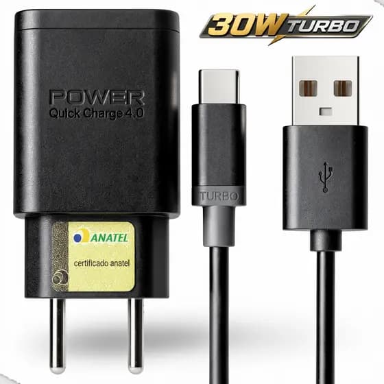Carregador Turbo 30W QC3.0 Tipo C + Cabo USB-C Carga Rápida Android Celular