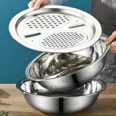 Kit 3 Em 1 Ralador Fatiador Escorredor Bacia Legumes Queijo Manual Tigela Cozinha Prática