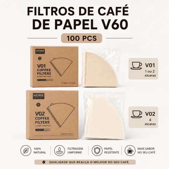 Filtro de Café de Papel V60 Cônico Café Limpo sem Resíduo Valoriza Aromas Caractéristica grãos 100un