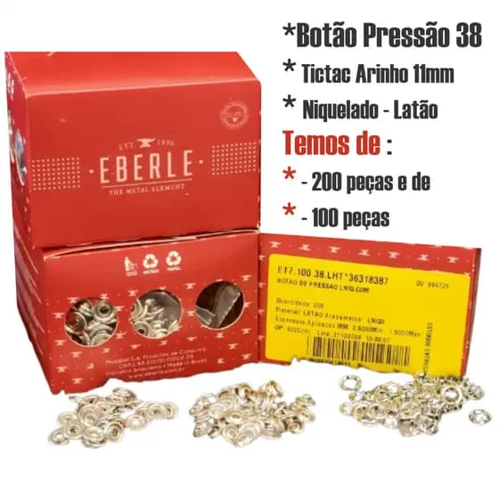 Botão Pressão 38 Tictac Arinho 11mm Niquelado caixa 200un Latão Niquelado Botão 38 Eberle 38
